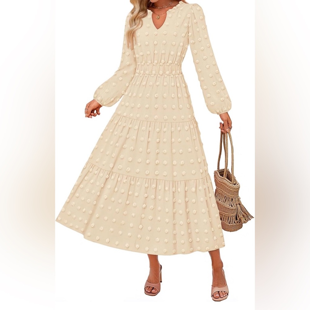 ZESICA Boho Fall 2025 Dressy Casual Swiss Dot Tiered Flowy Swing Guest Dress
